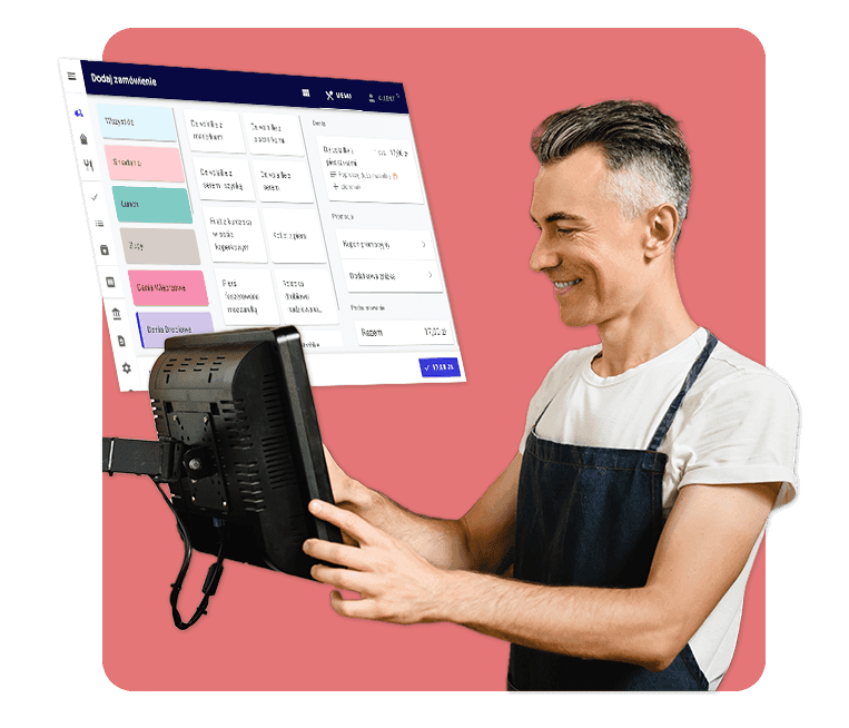 Kelner obsługuje terminal z systemem POS.