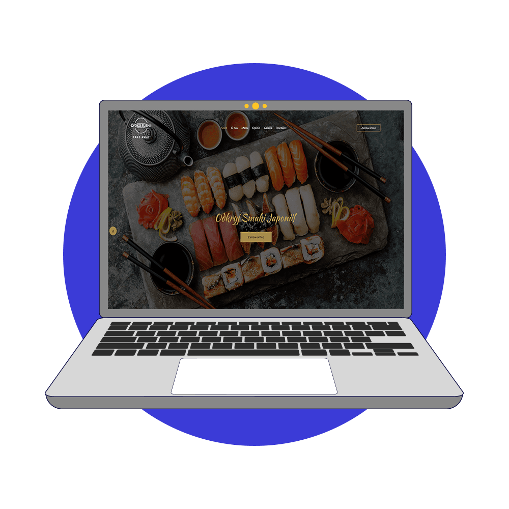 Laptop, na którym wyświetla się strona www restauracji.