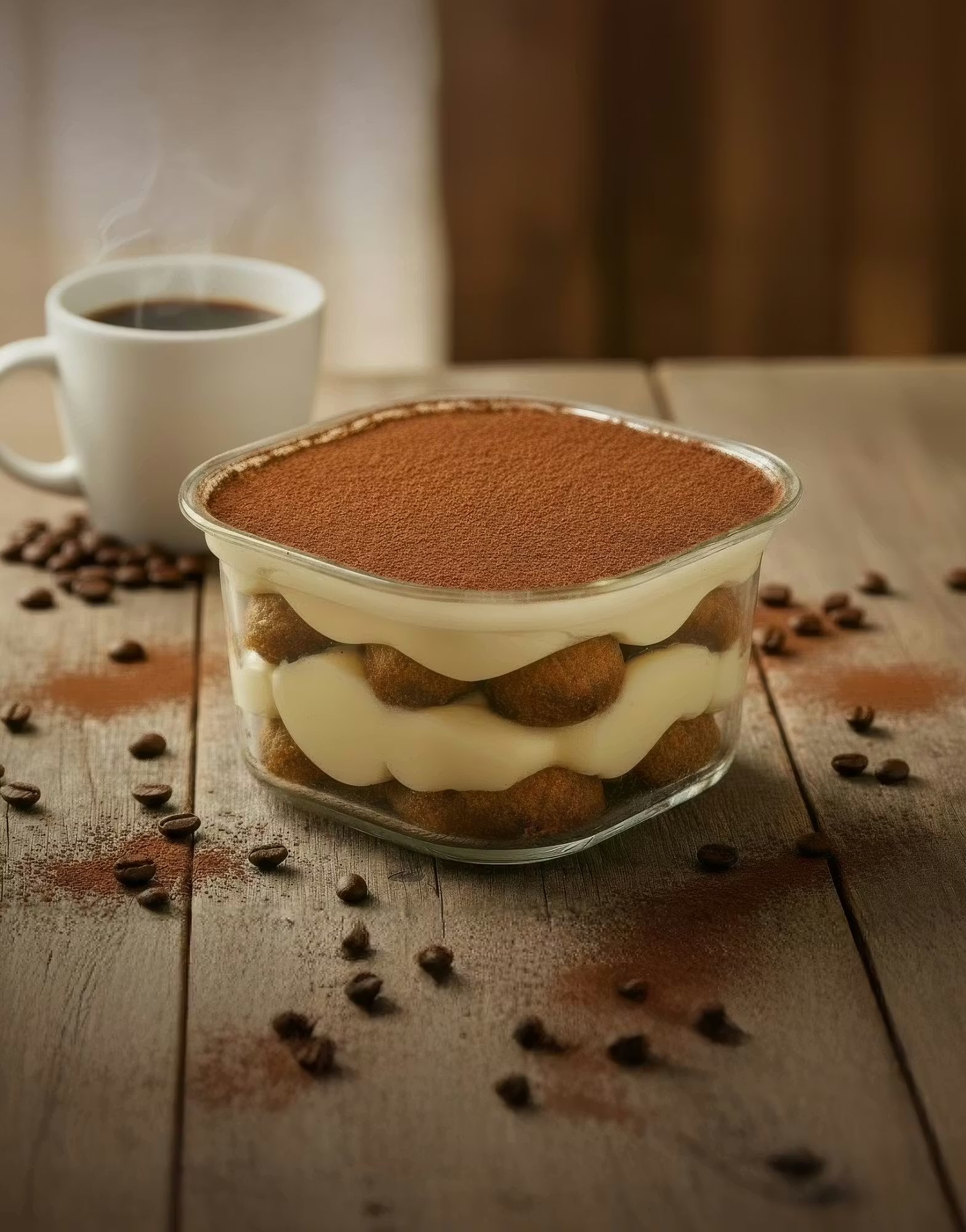 Deser tiramisu w szklanej misce, obok filiżanka kawy i ziarenka kawy na drewnianym stole.