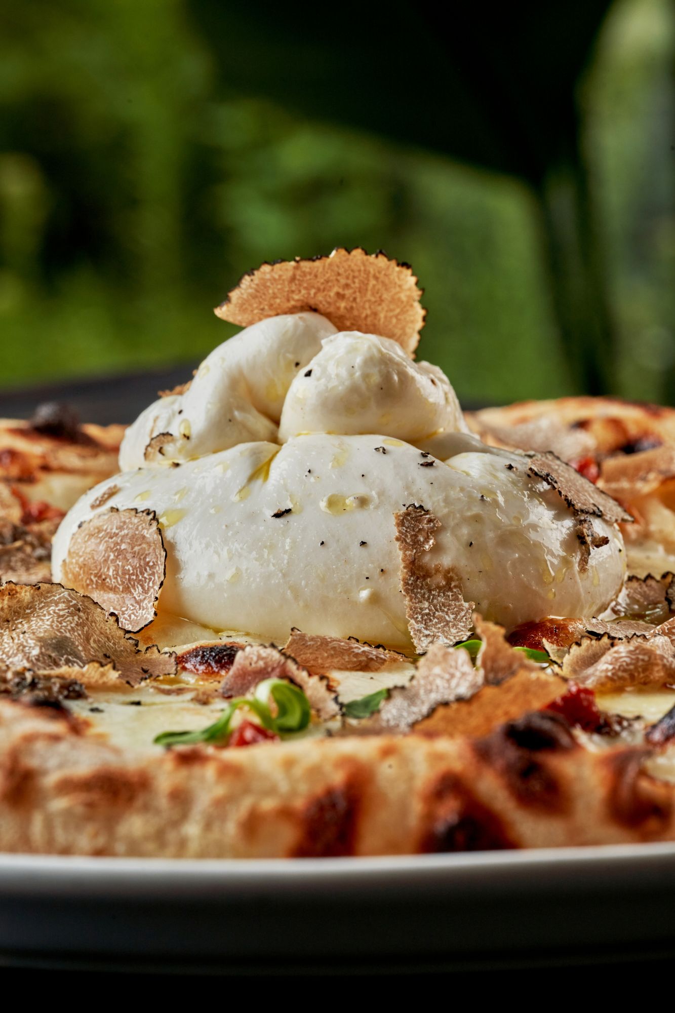 Pizza z serem burrata, truflami i chrupiącymi dodatkami, ozdobiona świeżymi ziołami.