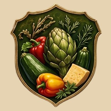 Herb w kształcie tarczy z warzywami: papryka, cukinia, karczoch i ser na zielonym tle.