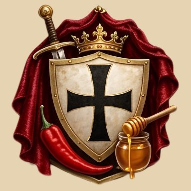 Herb z mieczem, koroną, czarnym krzyżem oraz papryczką i słoikiem miodu na czerwonym tle.