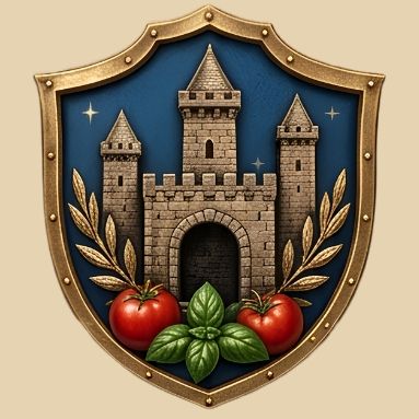 Herb przedstawiający zamek z trzema wieżami, z liśćmi bazylii i pomidorami u dołu.