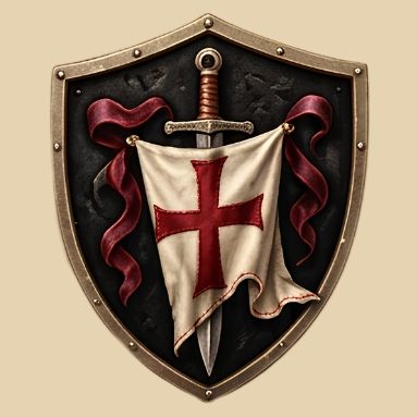 Heraldyczna tarcza z mieczem i flagą z czerwonym krzyżem na białym tle.