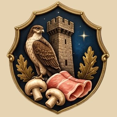 Herb z sokolem, wieżą, grzybami i wędliną na ciemnym tle.