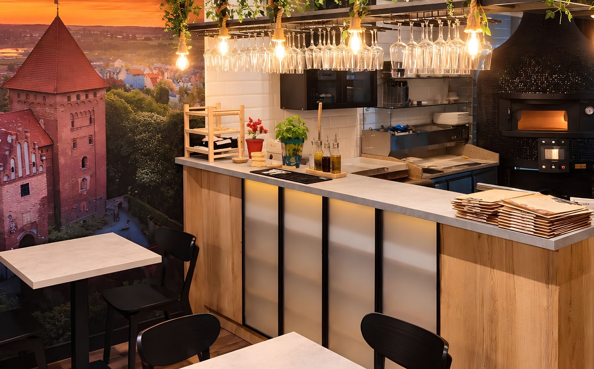 Nowoczesna restauracja z drewnianym barem, wiszącymi lampami i kieliszkami, w tle zdjęcie zamku.