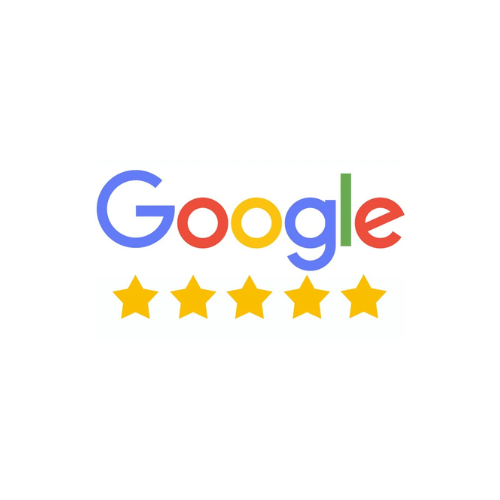 Logo Google z pięcioma złotymi gwiazdkami obok.