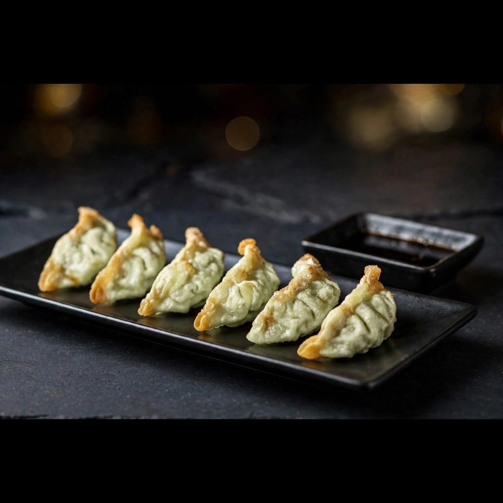 Dumplings ułożone w równym rzędzie na czarnym talerzu, obok sos do zanurzania.