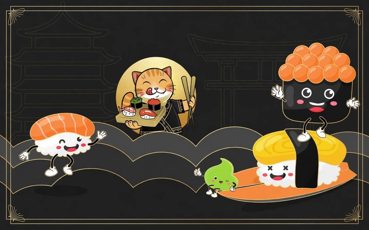 Kolorowa ilustracja przedstawiająca kreskówkowe sushi i kota z pałeczkami w stylu japońskim.