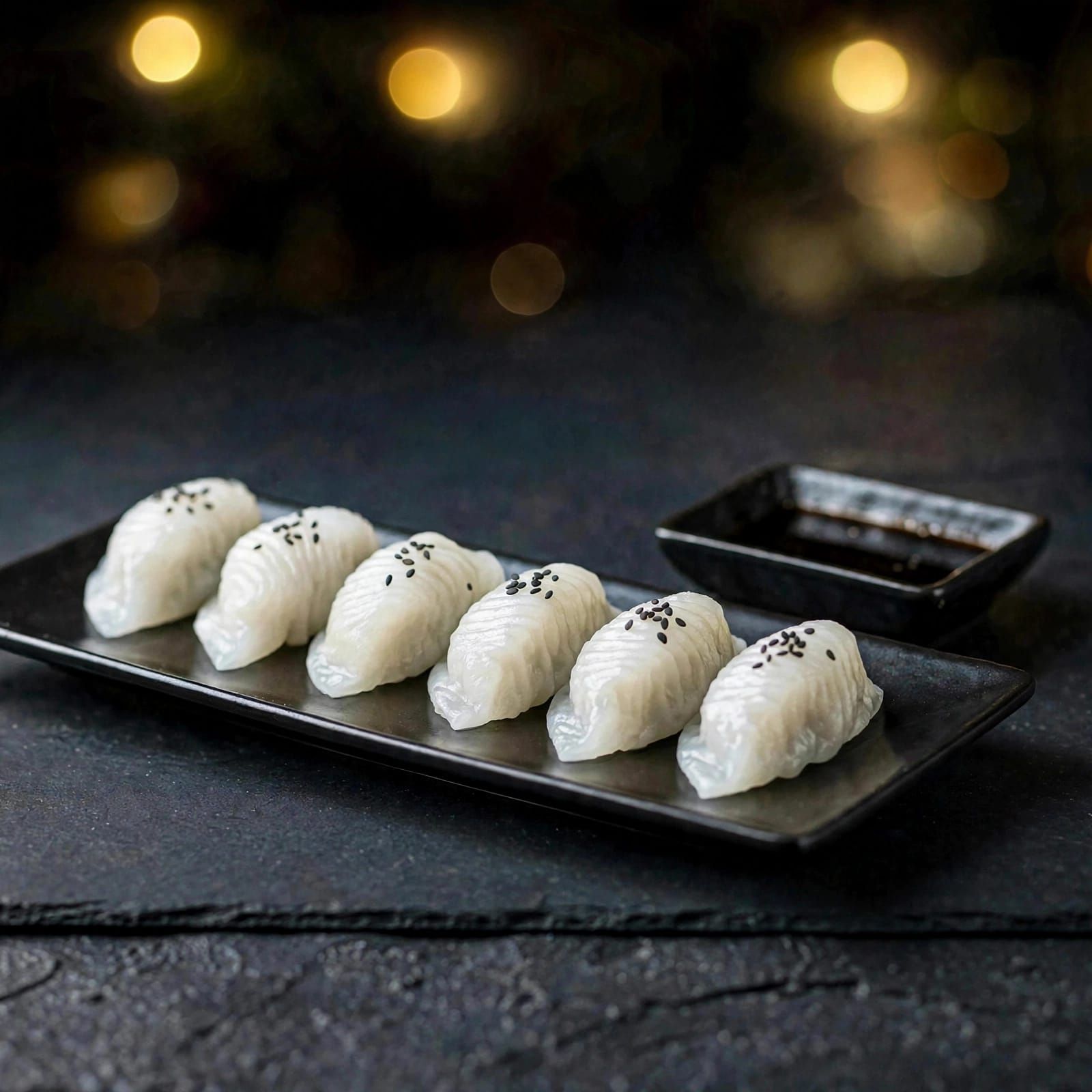 Sześć sztuk dim sum na czarnej tacce, obok sos sojowy z ciemnym tłem i bokeh.