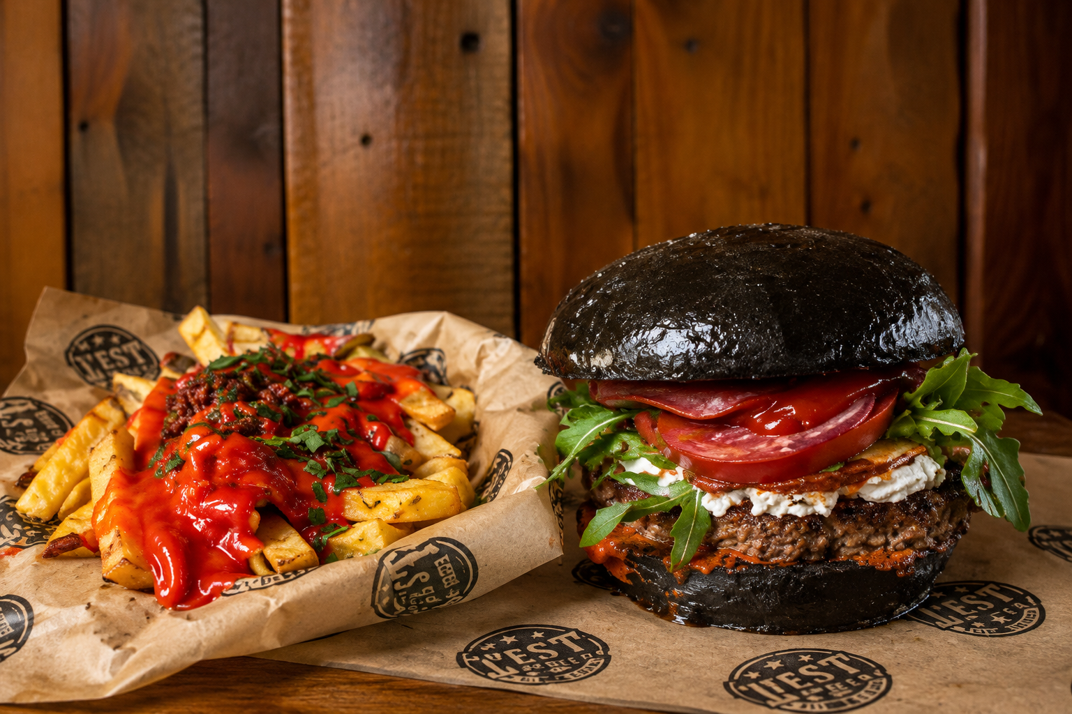 Burger z czarną bułką, sałatą, pomidorami oraz frytki z ketchupem na papierze.
