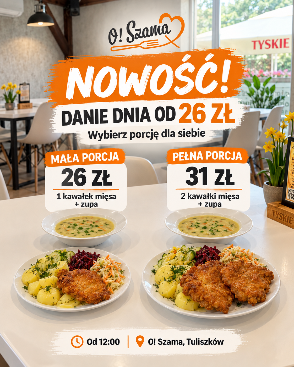 Nowość! Danie dnia od 26 zł z małą lub pełną porcją zupa i mięsem w restauracji O! Szama, Tuliszków.