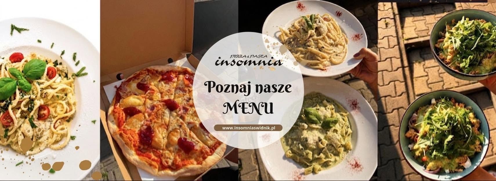 Zróżnicowane dania włoskie, w tym pizza, makaron i sałatki, prezentujące menu restauracji.