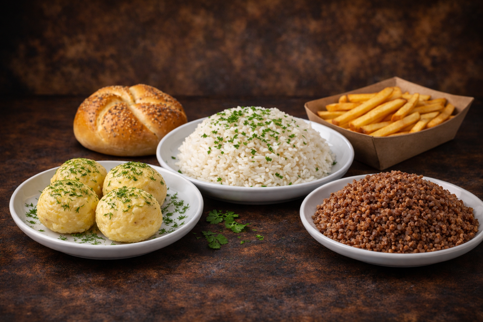 Pierożki na talerzu, posypane chrupiącą cebulką, podane z gałązką koperku.