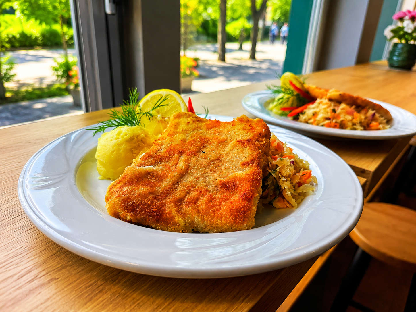 Złocisty kotlet schabowy podany z puree ziemniaczanym i sałatką na tle słonecznego tarasu.