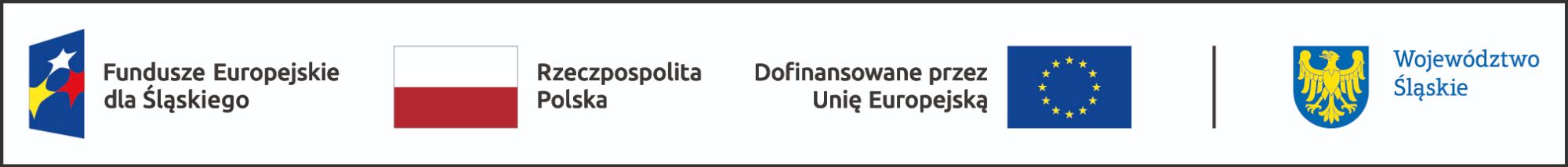 Logotypy Funduszy Europejskich, flagi Polski i Unii Europejskiej oraz herb Województwa Śląskiego.