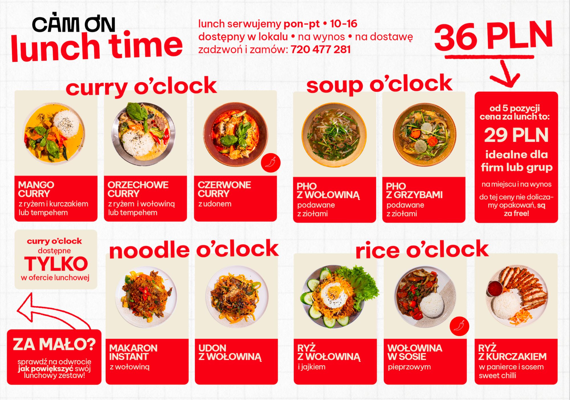 Menu lunchowe z cenami i opisami dań dostępnych od poniedziałku do piątku, w tym curry, zupy i sałatki.