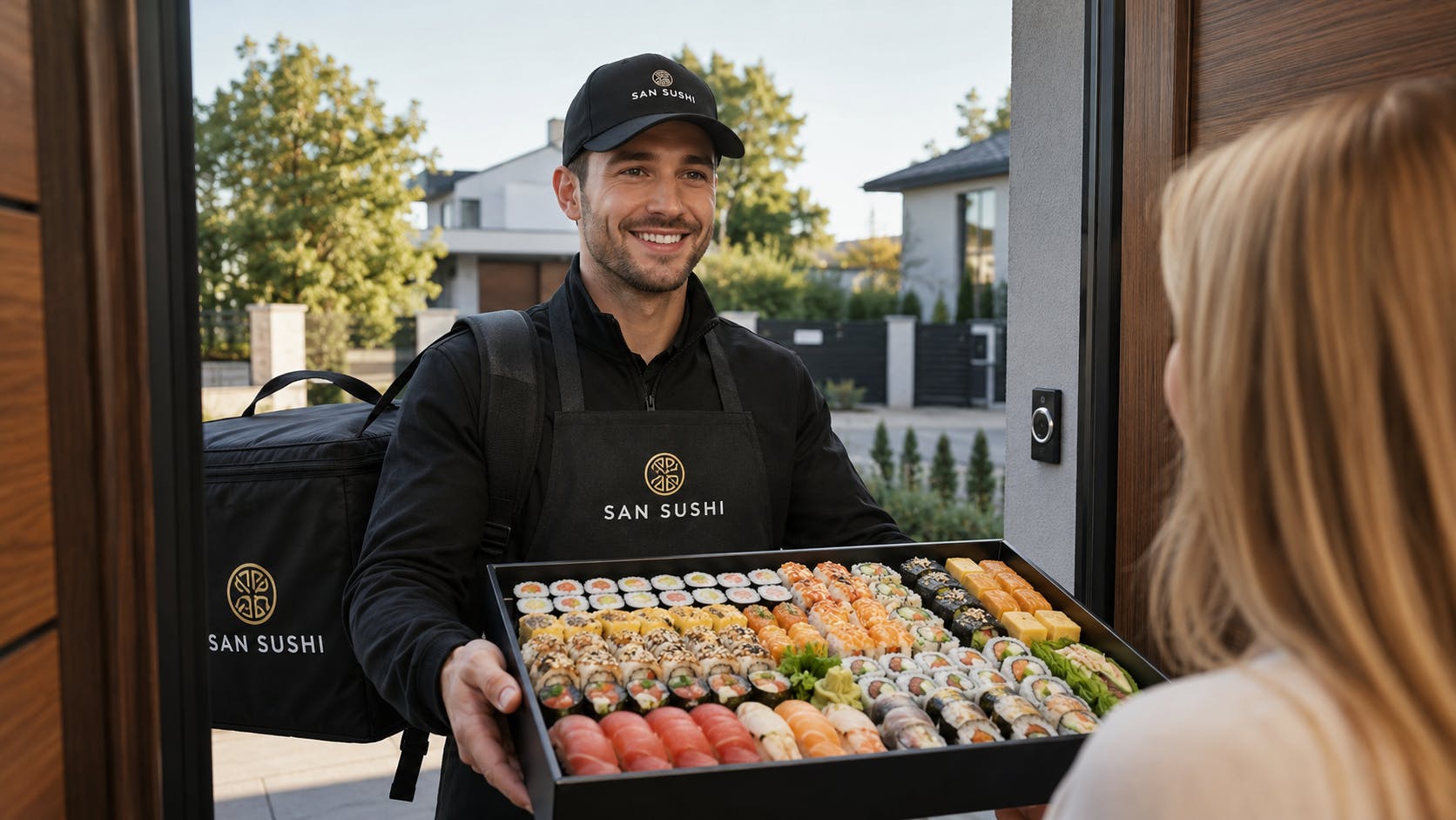 Pracownik San Sushi dostarcza duży zestaw sushi 102 sztuki na domową imprezę w Legionowie