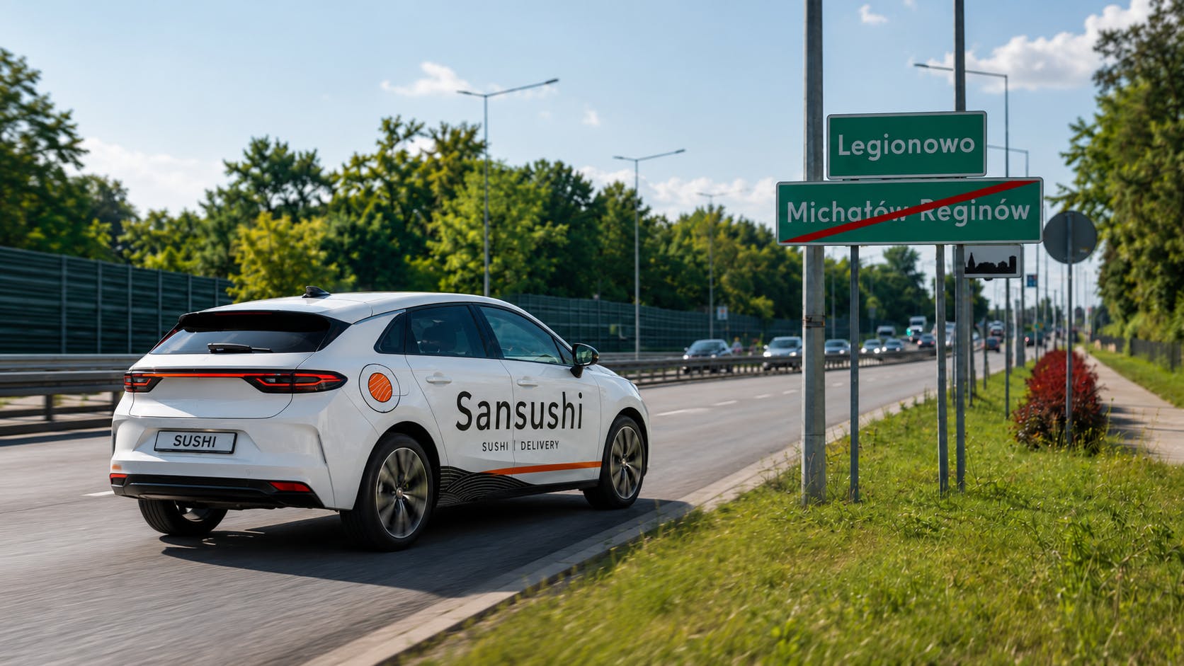 Samochód dostawczy Sansushi z sushi jadący drogą przy tablicy Legionowo