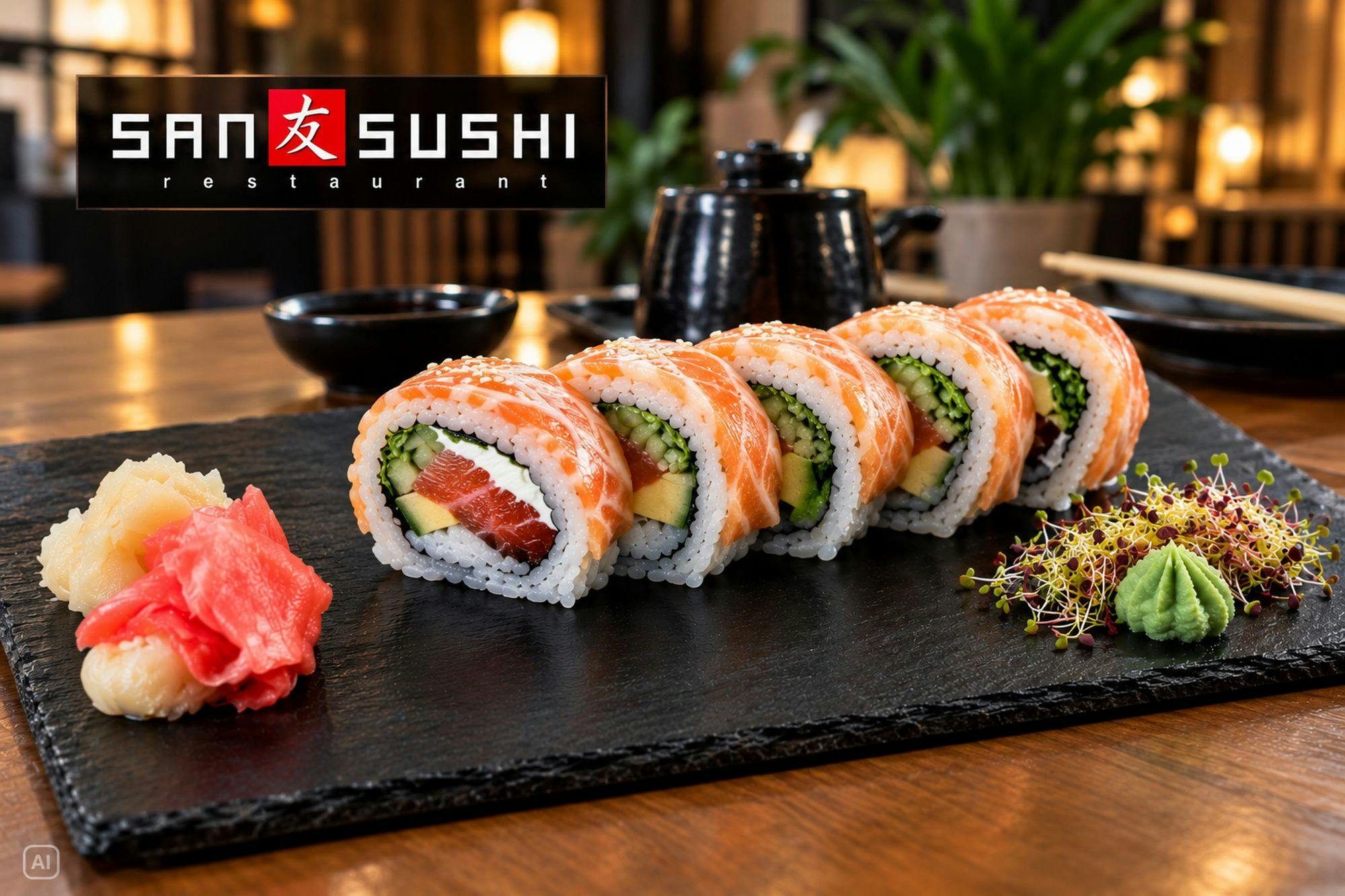 Sushi z łososiem i awokado na czarnej desce – restauracja SAN SUSHI
