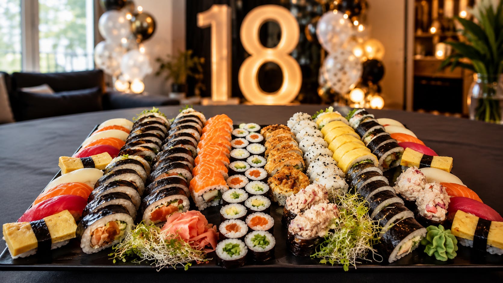 Kolorowy zestaw sushi na osiemnastkę z dekoracją 18 w tle, idealny na imprezę w Legionowie