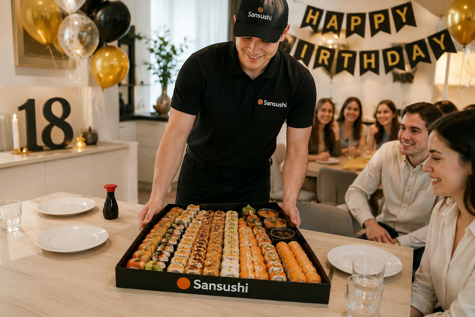Pracownik San Sushi podaje duży zestaw sushi na urodziny w domu w Legionowie