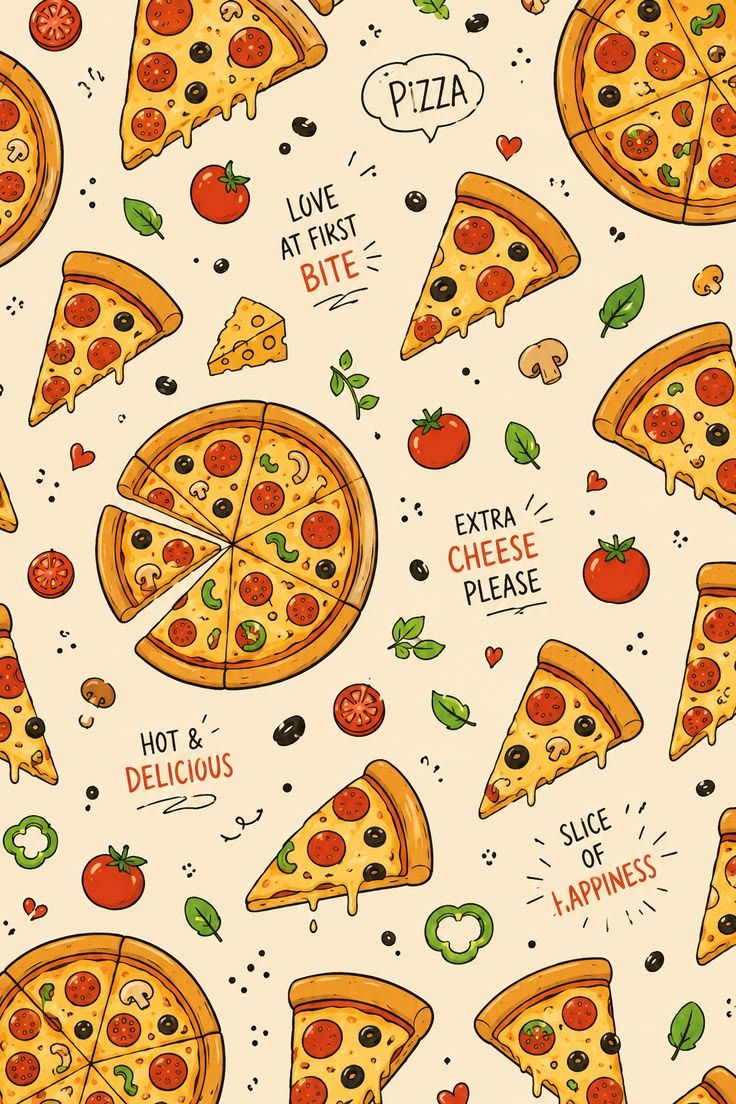 Wzór z pizzą, plasterkami, warzywami i napisami o miłości do jedzenia.