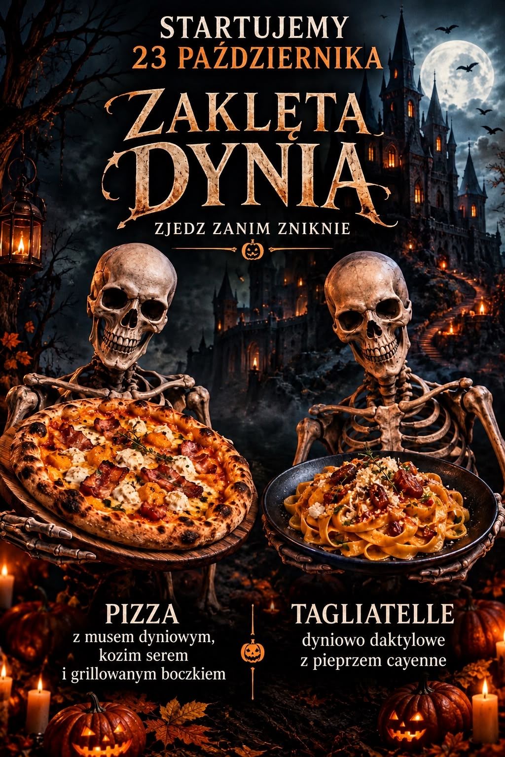 Plakat promujący wydarzenie „Zaklęta Dynia” z pizzą dyniową i tagiatelle w scenerii halloweenowej.