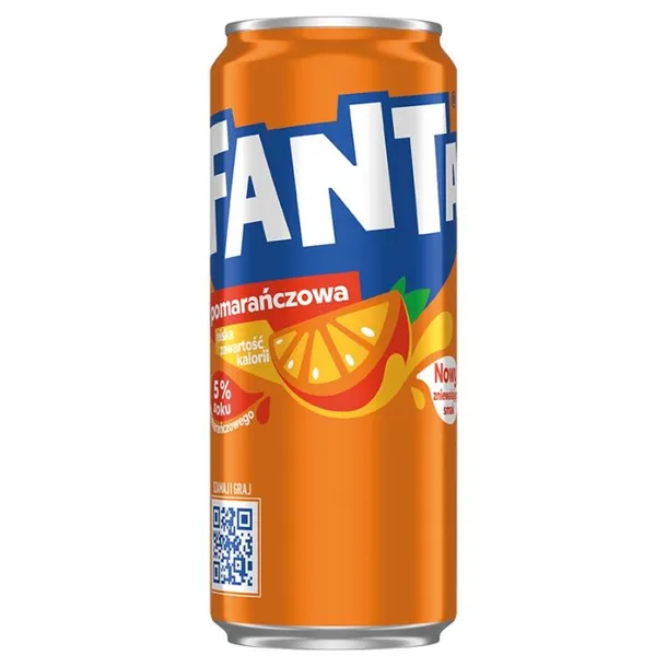 Puszka napoju Fanta pomarańczowa z logo i informacjami o smaku oraz składzie.