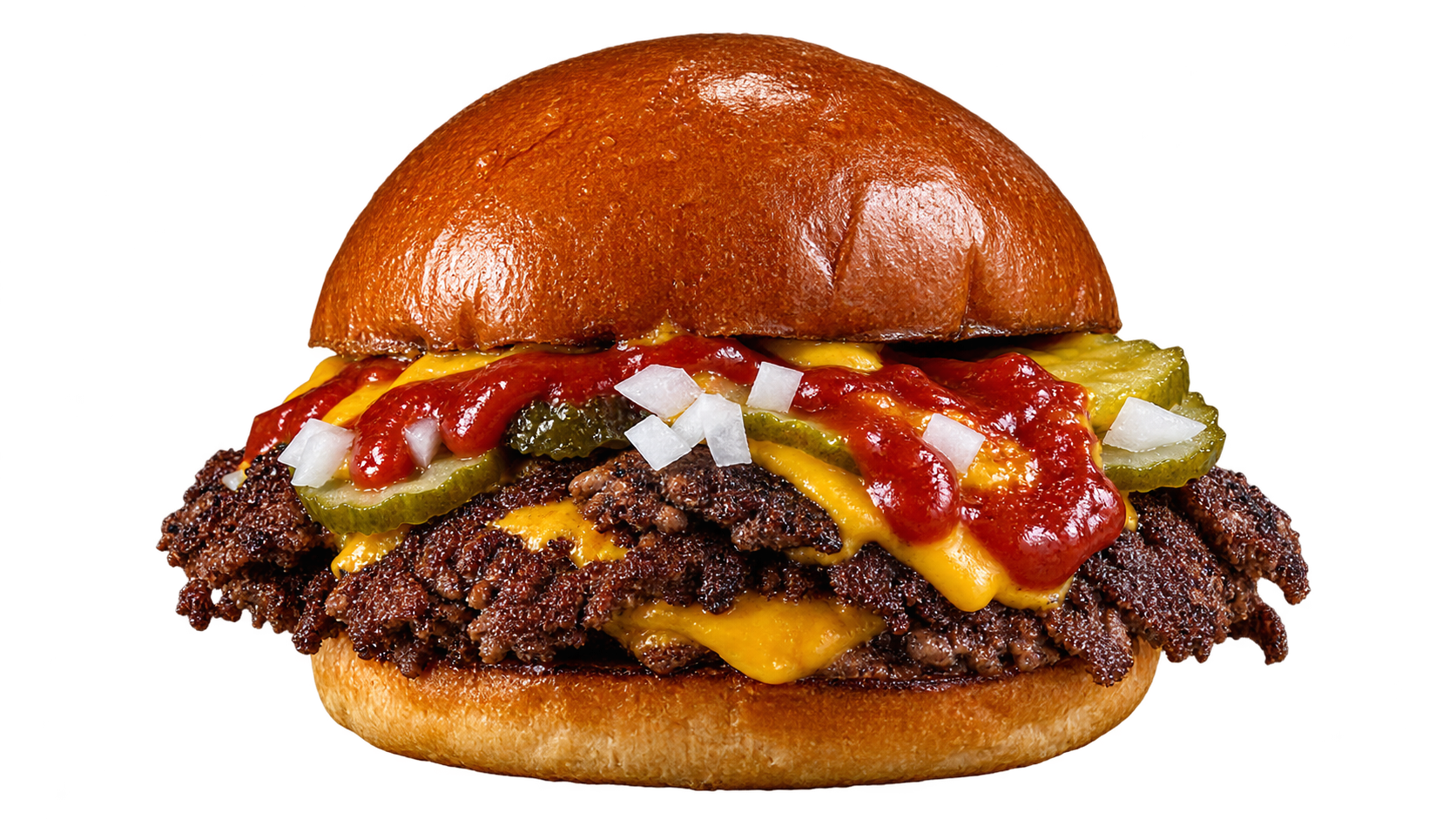 Soczysty burger z mięsem, serem cheddar, kiszonymi ogórkami, cebulą i ketchupem w bułce maślanej.