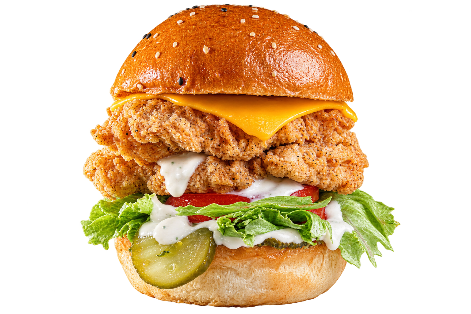 Burgery z panierowanym kurczakiem, serem, sałatą i pomidorem na drewnianej desce.