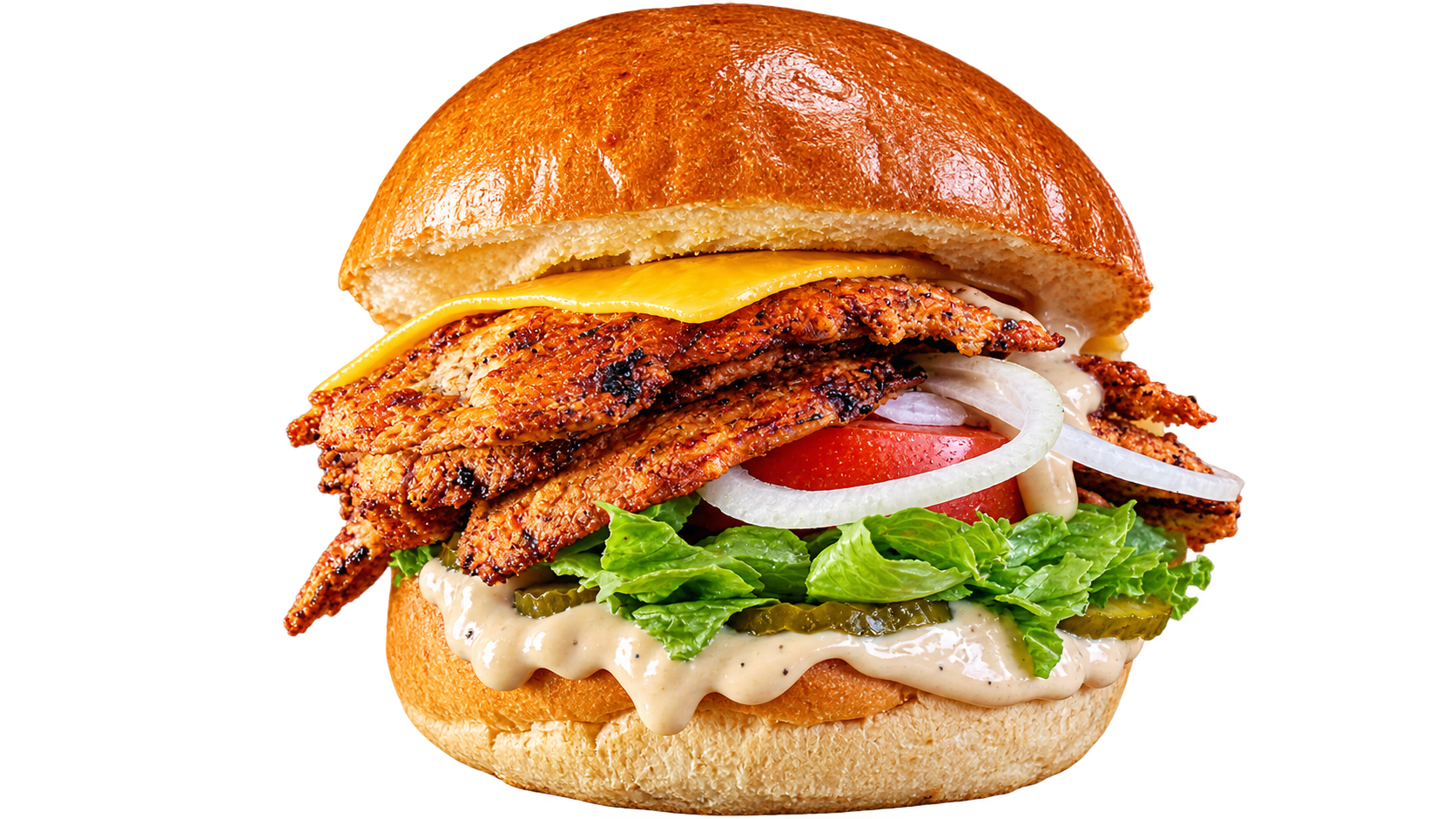 Soczysty burger z kurczakiem, serem, bekonem, sałatą, pomidorem i cebulą na drewnianej desce.