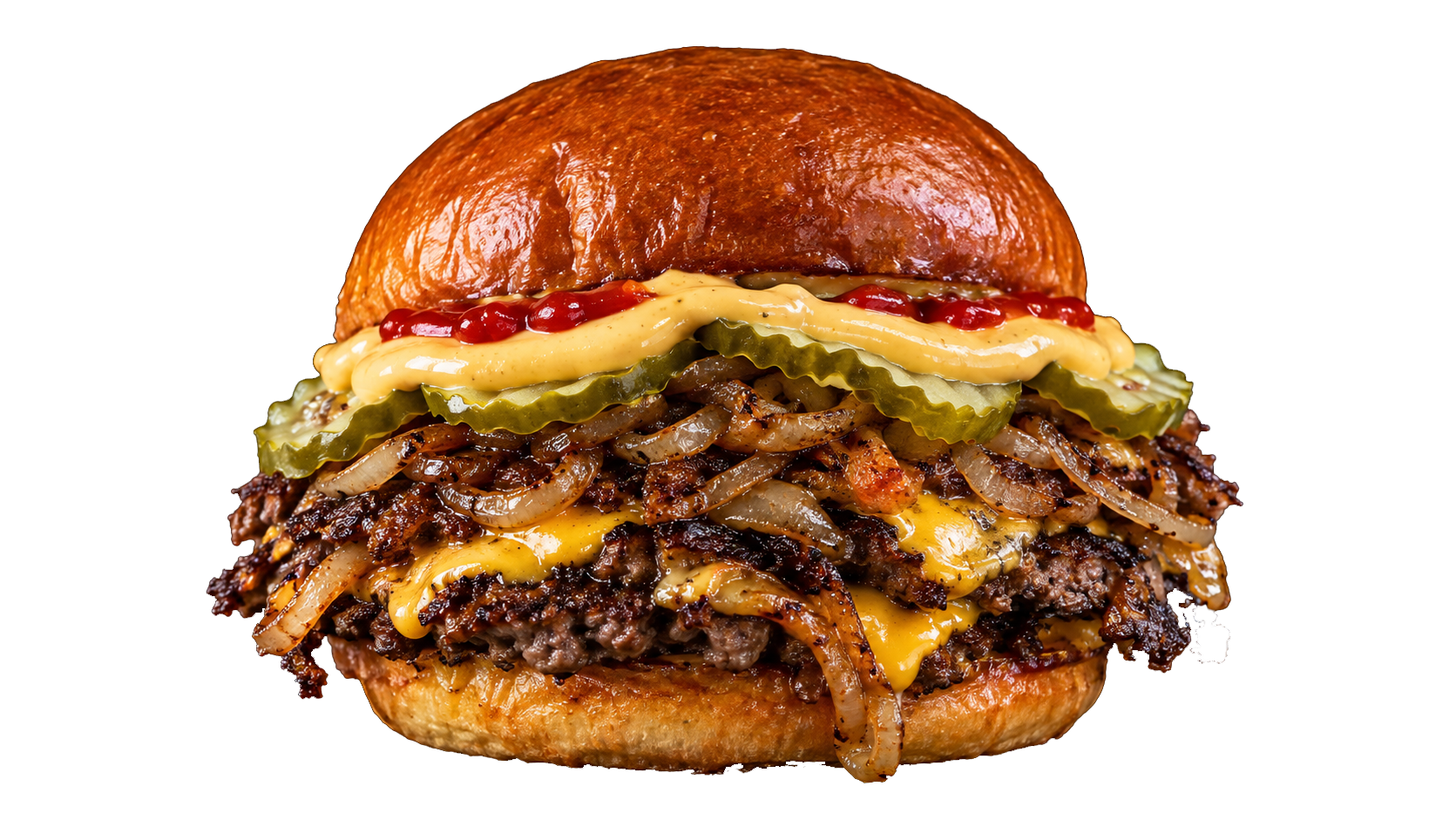 Burger z soczystym mięsem, serem cheddar, cebulą, ogórkami i sosem ketchup oraz musztardą, na maślanej bułce.