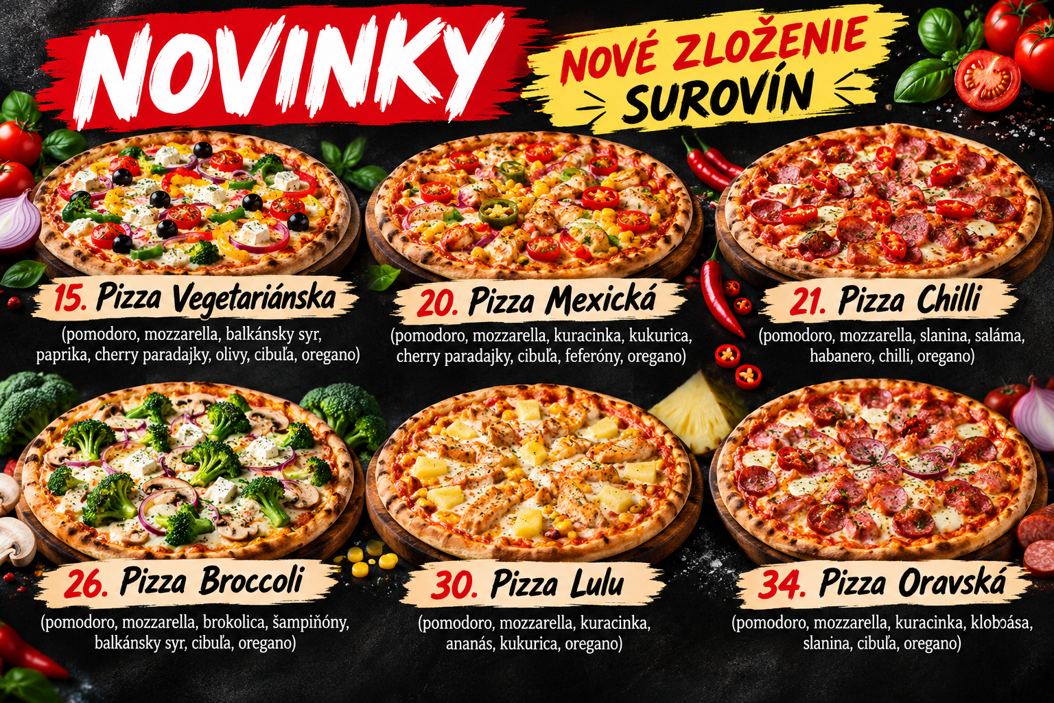 Nové pizze: Vegetariánska, Mexická, Chilli, Brokolicová, Lulu a Oravská s rôznymi ingredienciami.