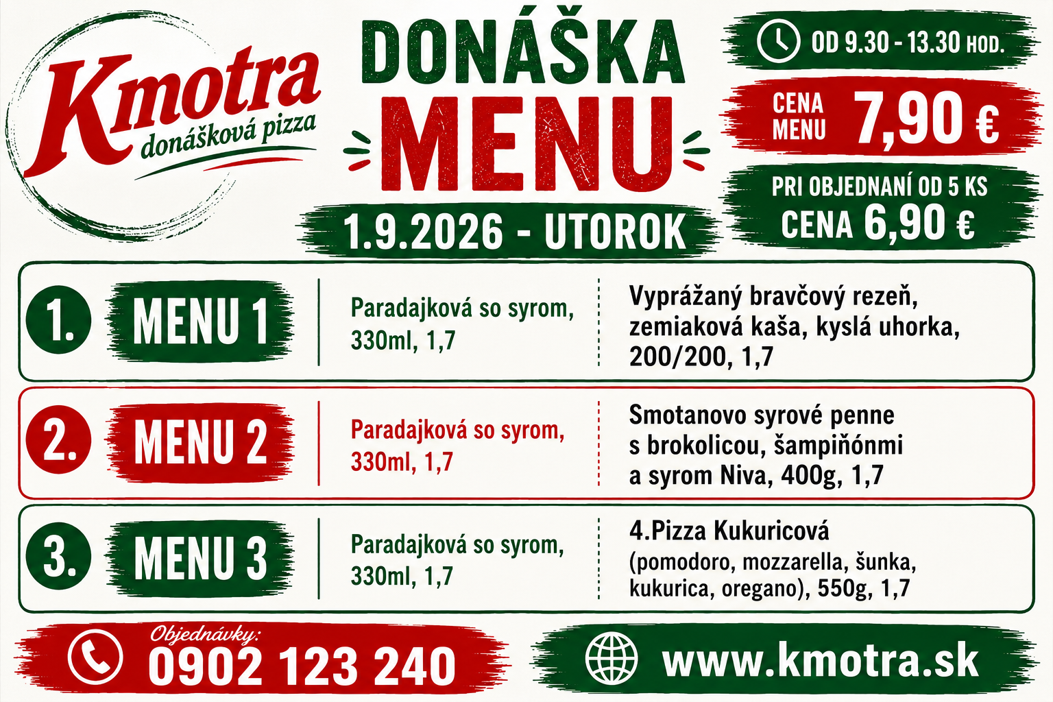 Menu donášky pizzerie Kmotra s cenami a jedlami na utorok 1.9.2026.