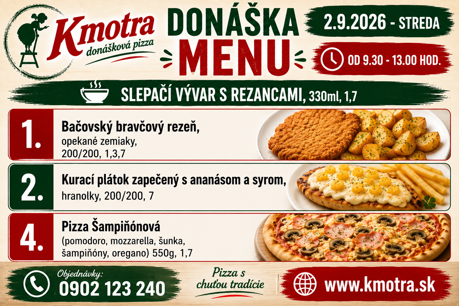 Menu donášky od Kmotra s jedlami na 2.9.2026 vrátane rezňov, kura a pizze.