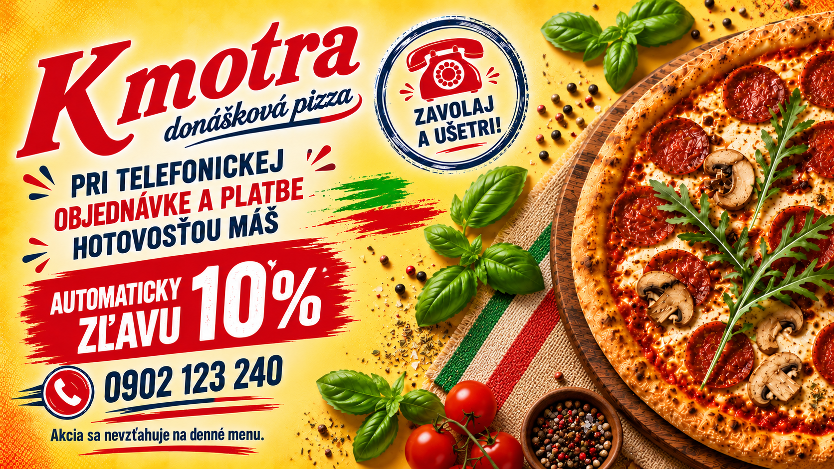 Pizzéria Kmotra, 10% zľava pri telefonickej objednávke, obrázok pizze s klobásou a zeleninou.