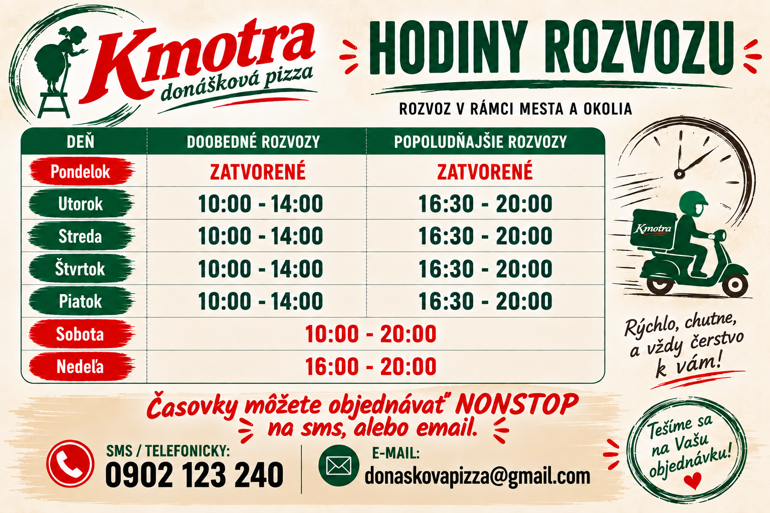 Donášková služba Kmotra, otváracie hodiny na rozvoz pizze, kontakt a objednávky.