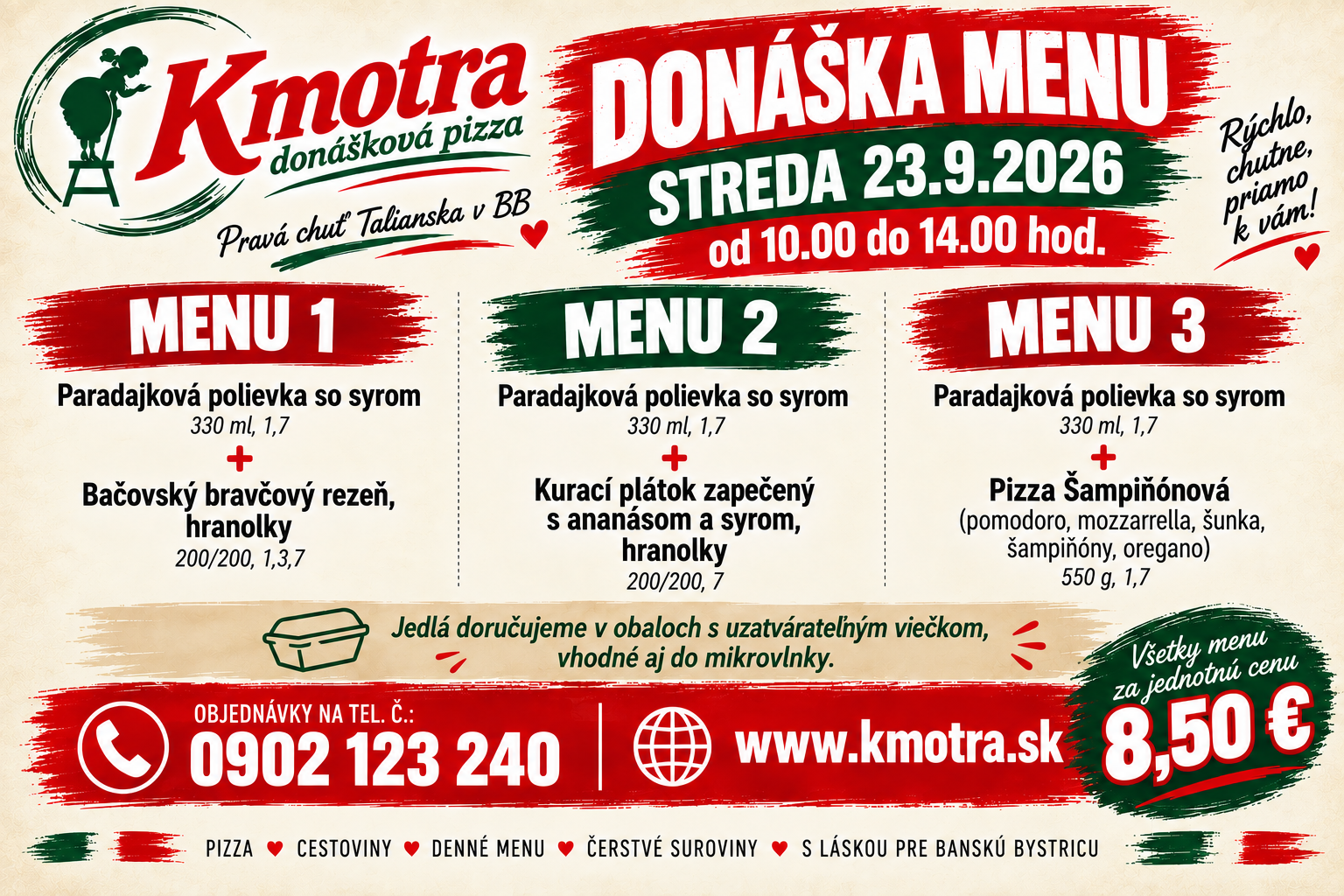 Donášková ponuka pizzerie Kmotra s meníčkom a cenami na 23. 9. 2026.