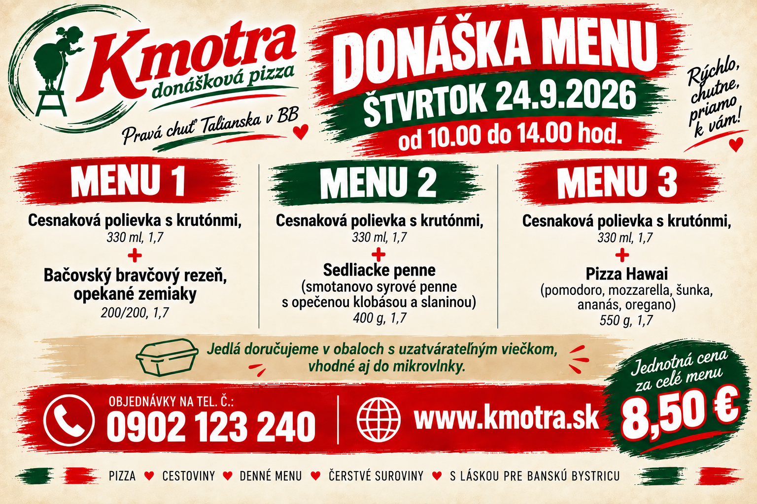 Donáškové menu pizzerie Kmotra na 24.9.2026, ponúkajúce tri jedlá s cenami a kontaktom na objednávku.