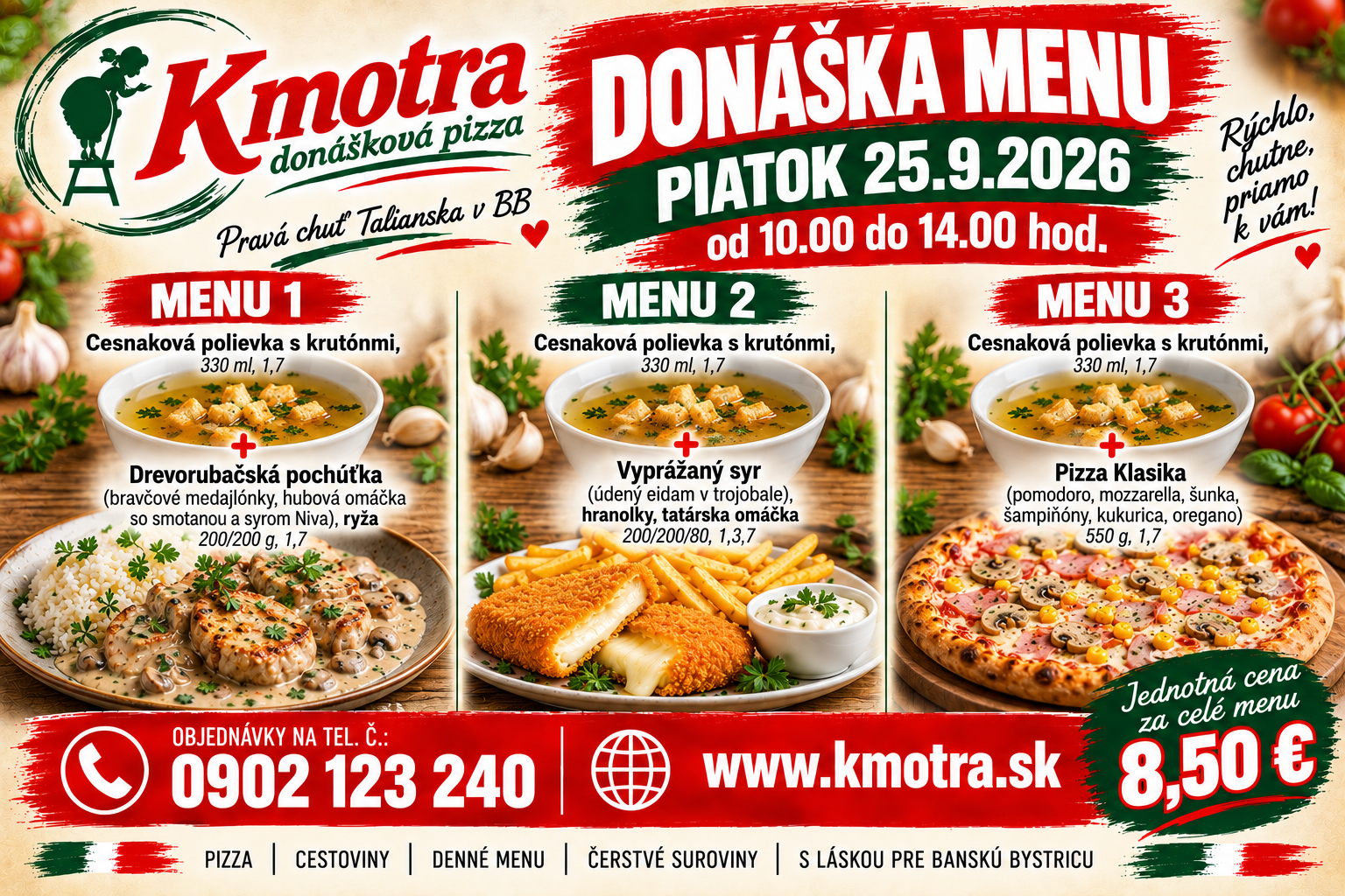 Reklama na donášku pizze s ponukou jedál a cenami pre piatok 25.9.2026.