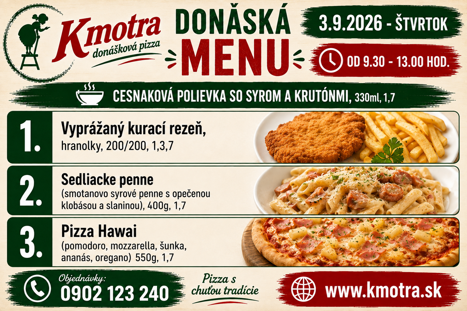 Menu pizzerie Kmotra z 3.9.2026: cesnaková polievka, vyprážaný kurací rez, sedliacke penne, Pizza Hawai.