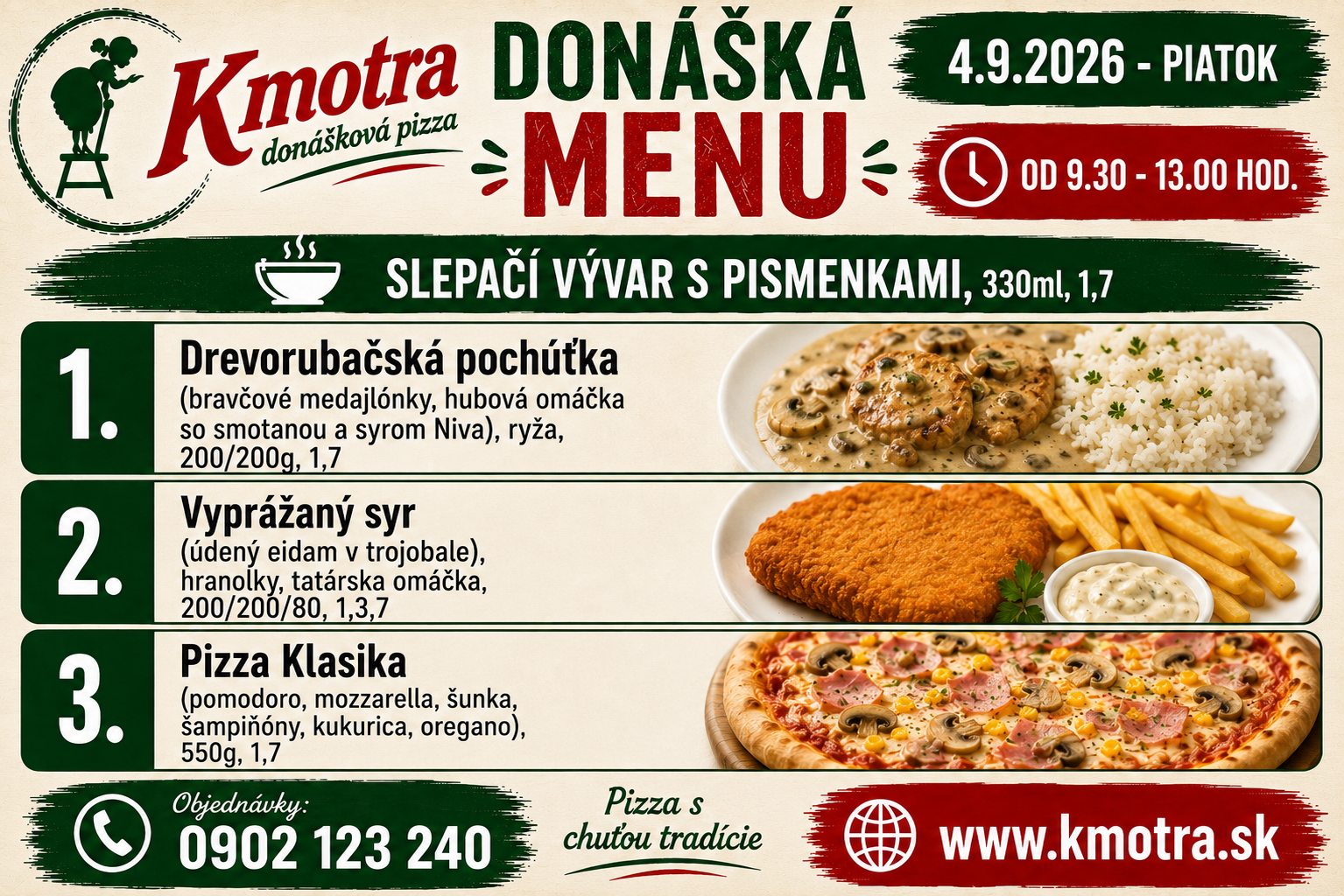 Menu reštaurácie Kmotra: Drevorabská pochúťka, Vyprážaný syr a Pizza Klasika. Dátum: 4.9.2026.