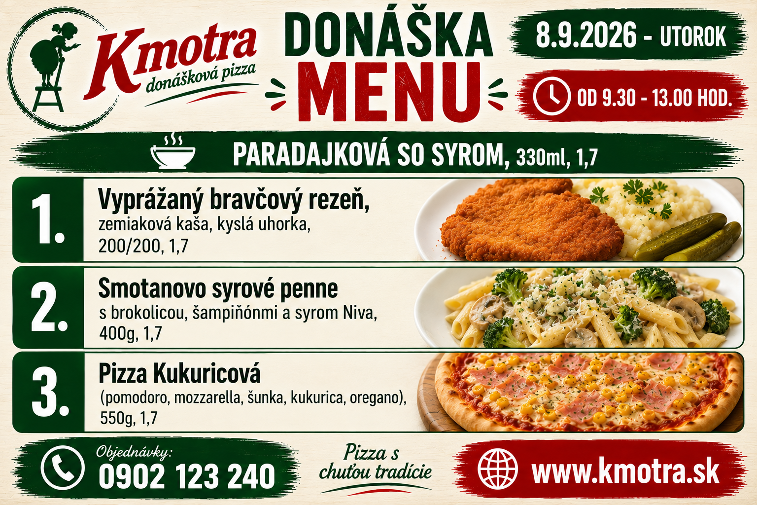 Menu pizzerie Kmotra s jedlami: Vyprážaný bravčový rez, smotanové syrové penne a pizza kukuričová.