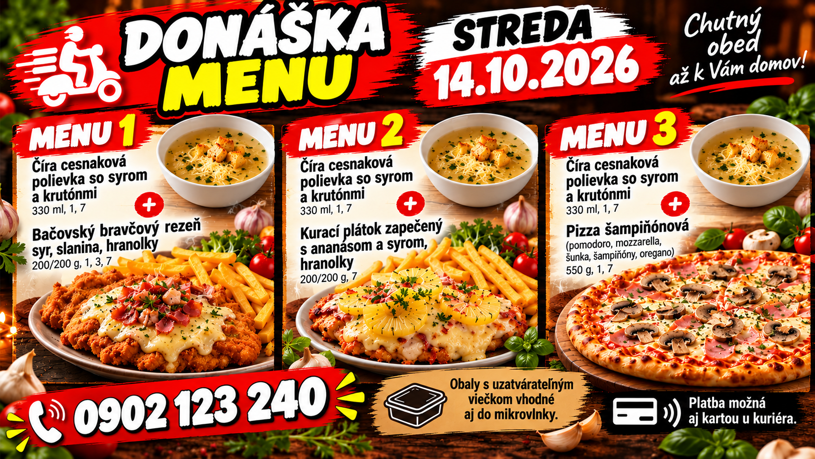Donáška menu na stredu 14.10.2026: polievky, šaláty a pizza. Kontaktné číslo a informácie o platbe.
