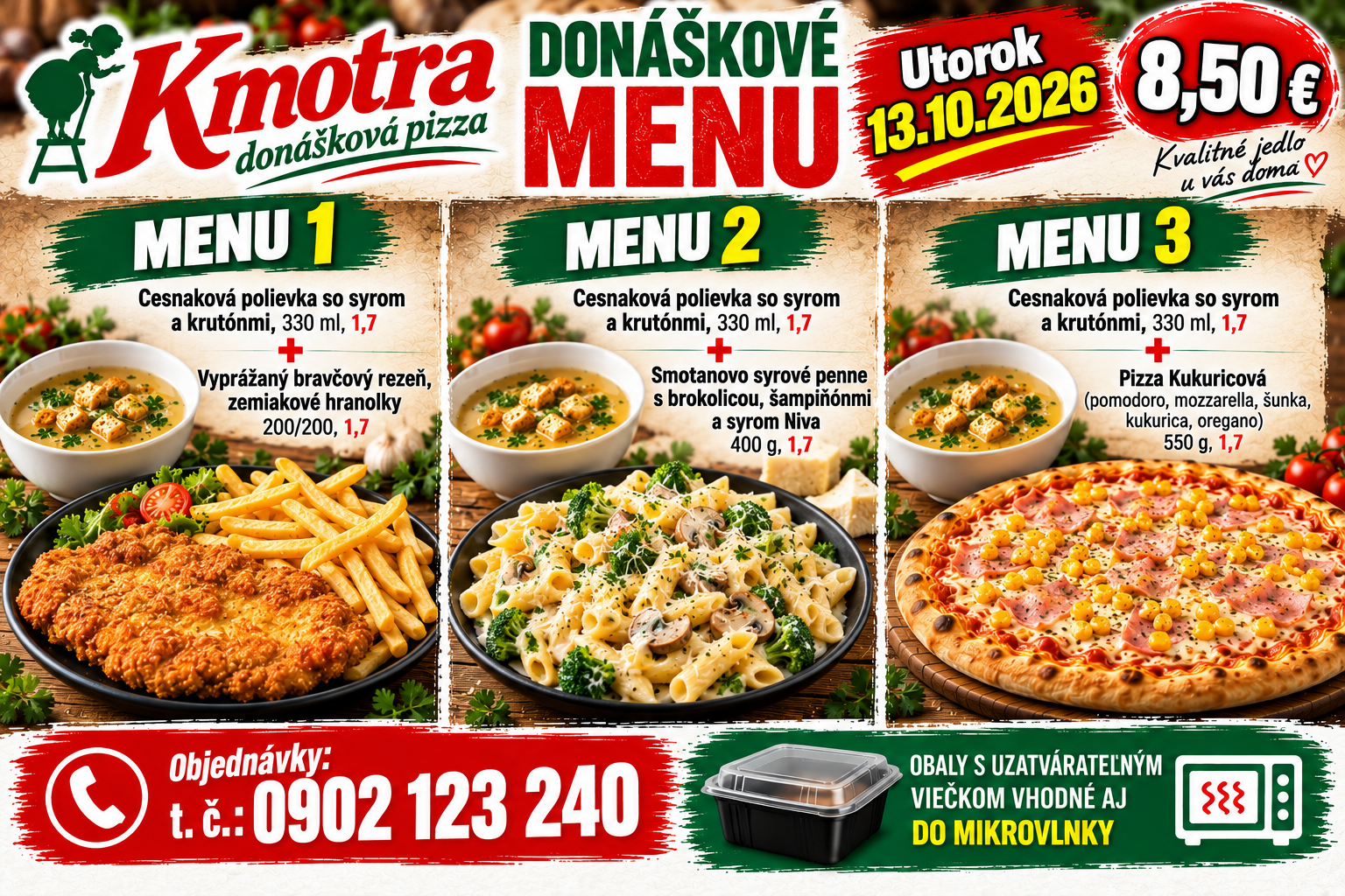 Donáškové menu z reštaurácie Kmotra, tri ponuky vrátane cesnakovej polievky a pizze, cena 8,50 €.