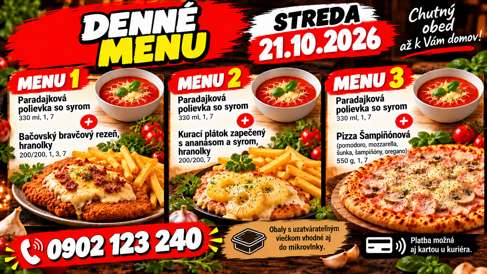 Denné menu so štyrmi jedlami: polievky, kurací tanier a pizza, s kontaktným číslom pre objednávky.