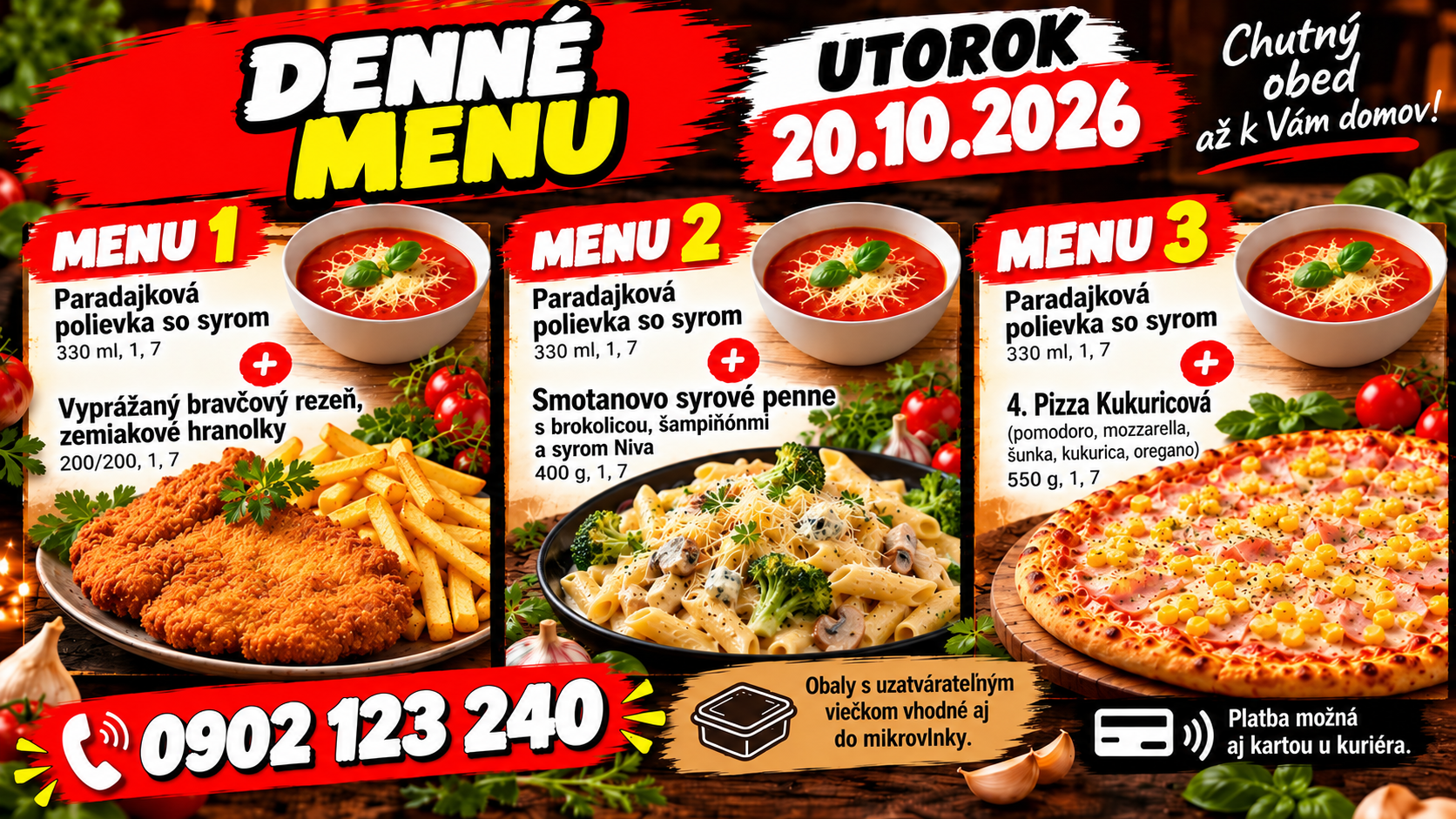 Denné menu: Paradajková polievka, vyprážaný bravčový rezeň, smotanové penne, Pizza Kukurica, kontakt 0902 123 240.