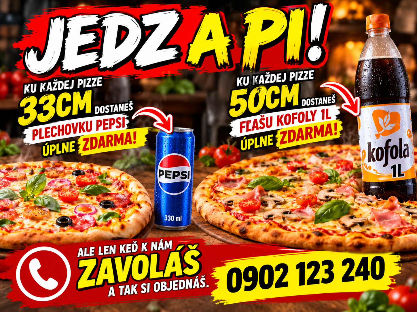 Hlavný banner ponúkajúci 1L Kofolu a plechovku Pepsi zdarma k pizze na objednávku. Telefón na objednanie.