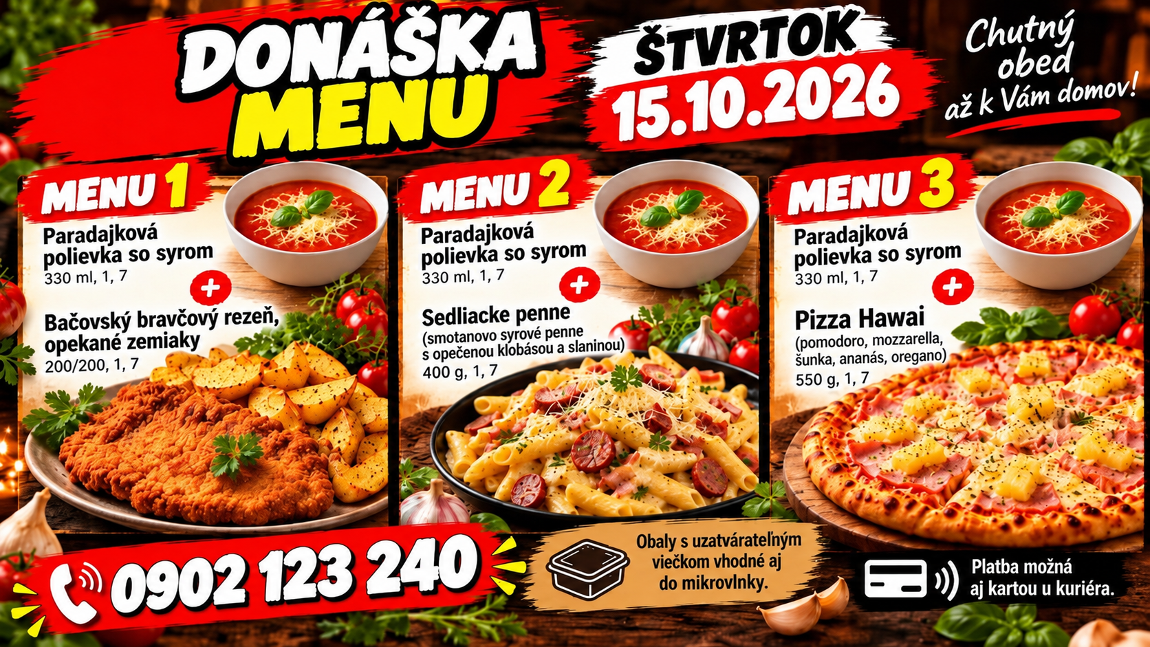 Donáška menu na štvrtok 15.10.2026 s polievkami, cestovinami a pizzou na objednávku.